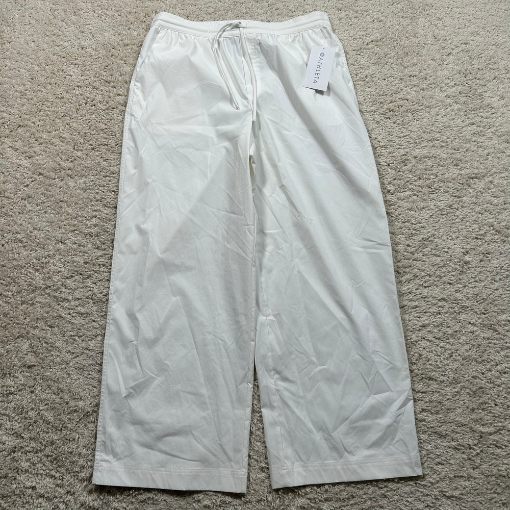 Athleta Drift Poplin Pants Size Large White Wide Leg Drawstring 30" Inseam New